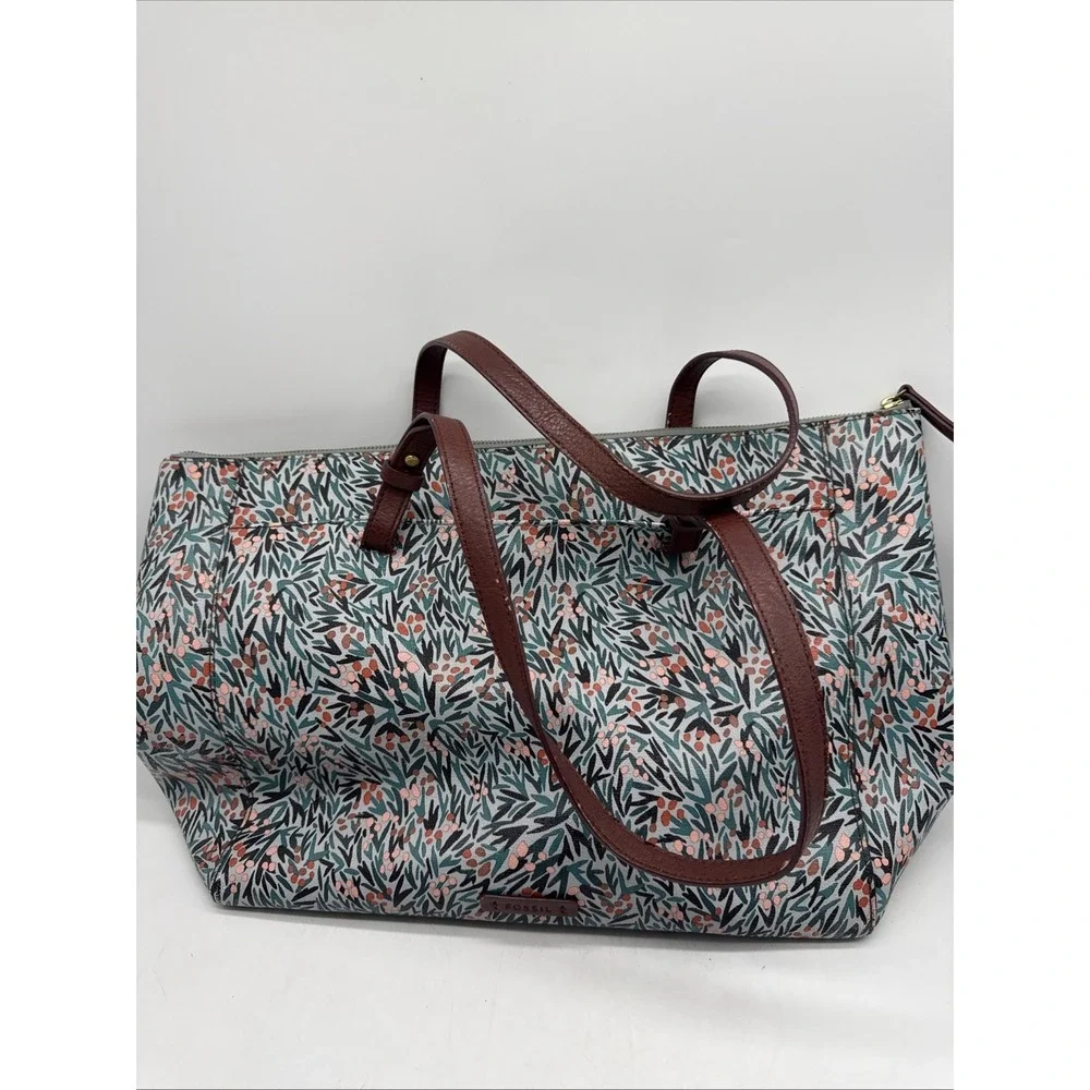 Fossil Tote Bag Floral Leather Strap Large Zip‎ Shoulder Rachel Purse Boho